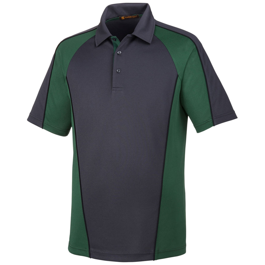 Harriton Men's Dark Charcoal/Dark Green/Black Advantage Snag Protection Plus Colorblock Polo