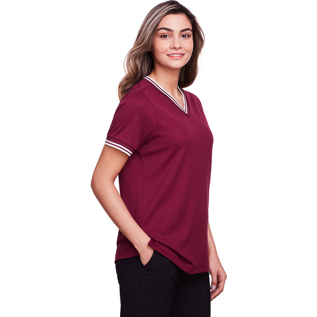 Devon & Jones Women's Burgundy/White CrownLux Performance Plaited Tipped V-Neck Polo