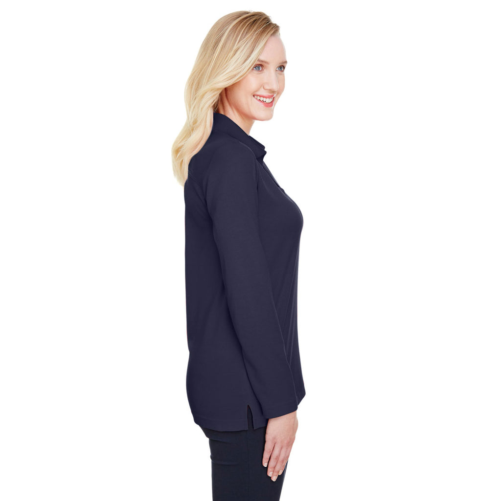 Devon & Jones Women's Navy CrownLux Performance Plaited Long Sleeve Polo